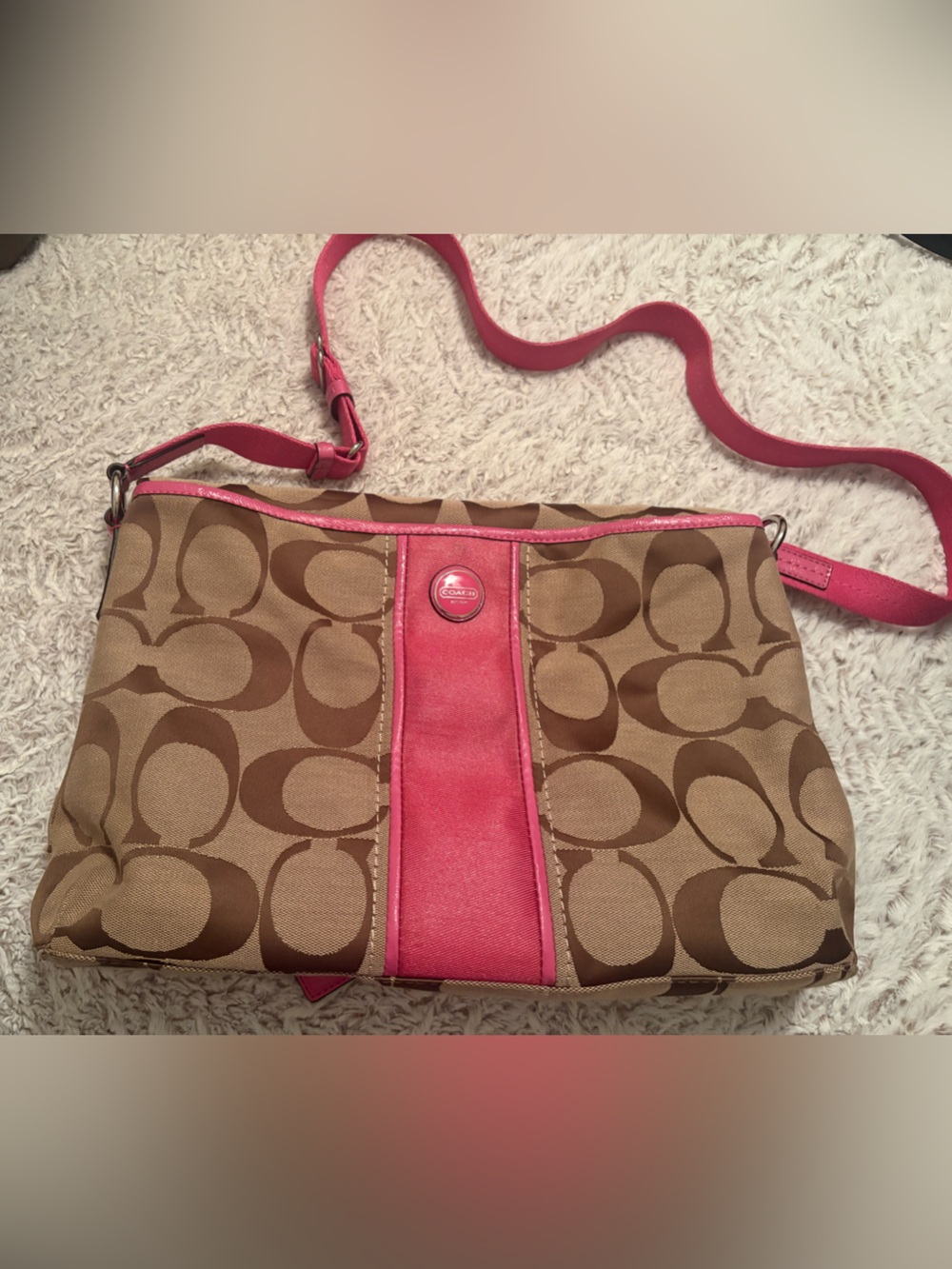 Coach Brown Signature Canvas Crossbody with Pink Trim
